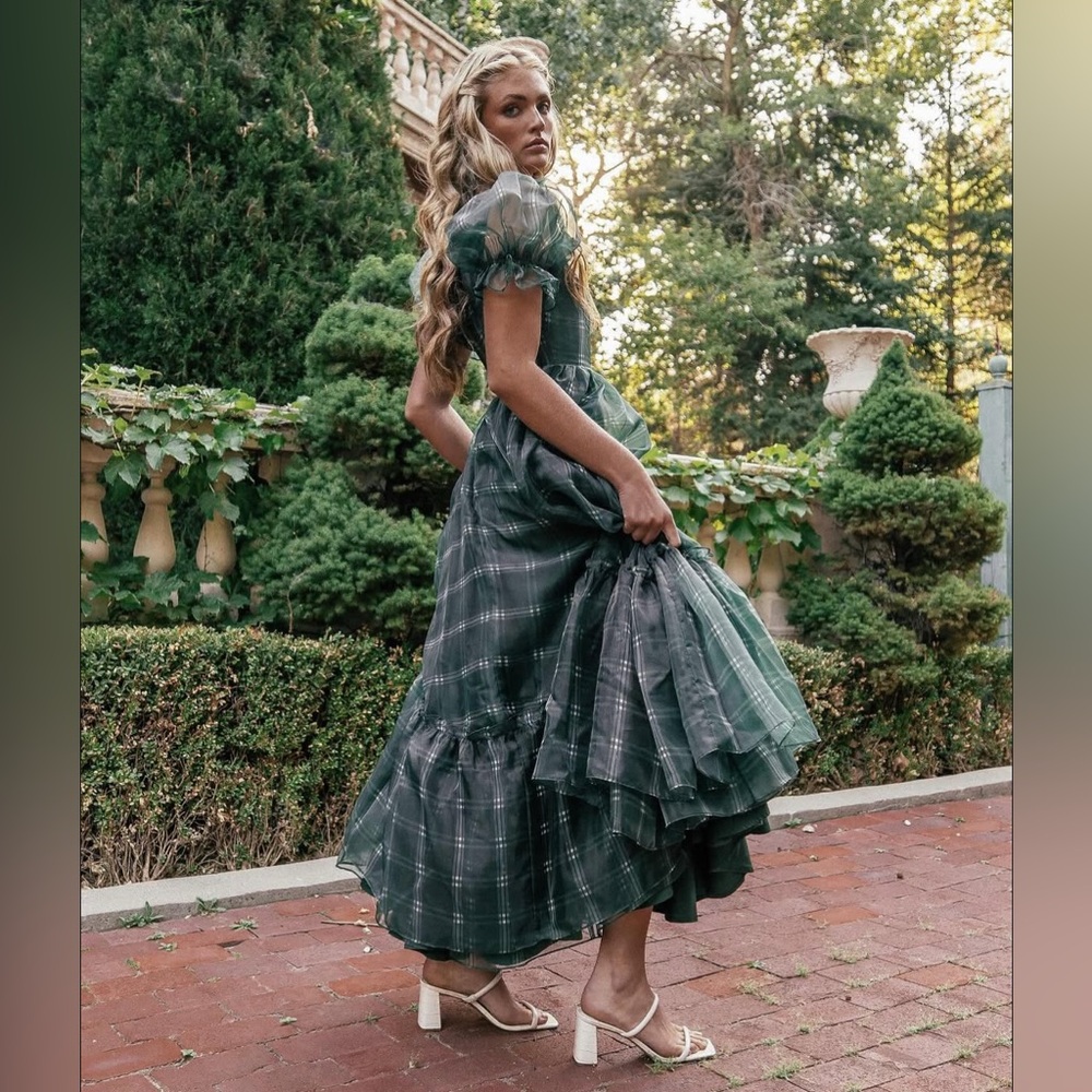 2x JessaKae Cordelia Plaid Puff Sleeve Organza Formal Maxi Dress Sweetheart - Picture 3 of 13